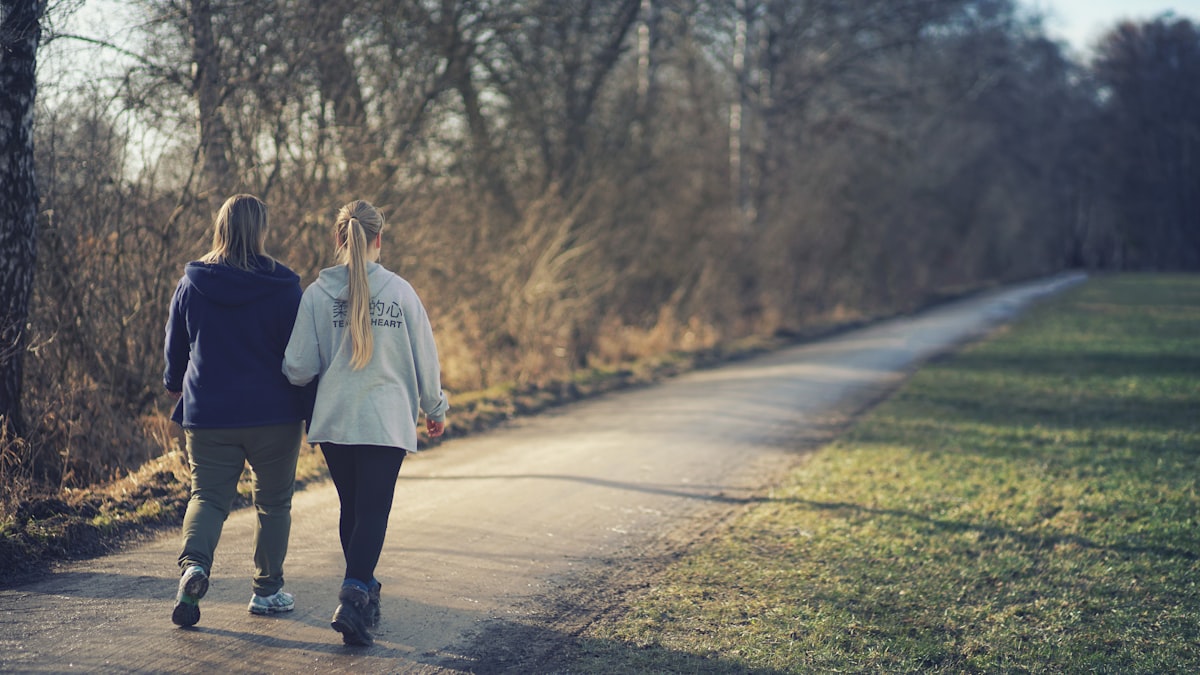 Familie spaziert auf einem Waldweg